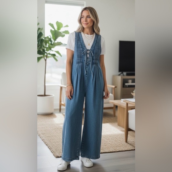 Pants - #20 Denim Blue Pleated Jumpsuit 21.5” PTP 22” waist